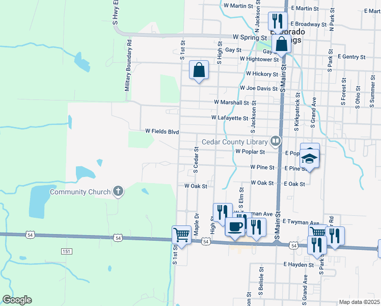 map of restaurants, bars, coffee shops, grocery stores, and more near 901-903 S Cedar St in El Dorado Springs