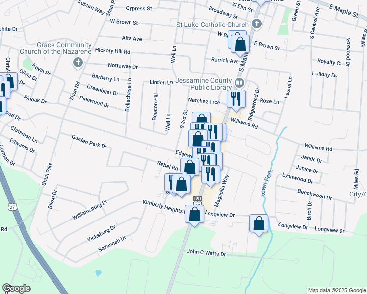 map of restaurants, bars, coffee shops, grocery stores, and more near 115 Southview Drive in Nicholasville