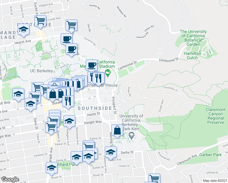 map of restaurants, bars, coffee shops, grocery stores, and more near 2311 Prospect Street in Berkeley