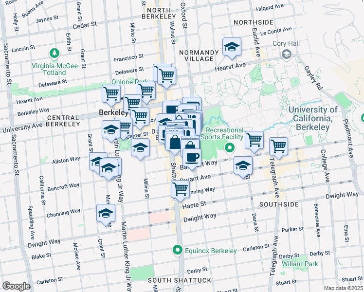 map of restaurants, bars, coffee shops, grocery stores, and more near 2240 Oxford Street in Berkeley