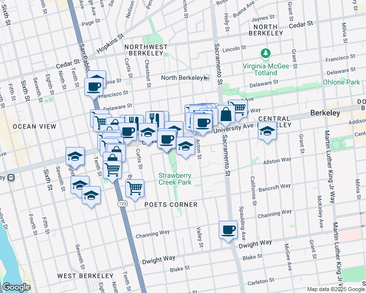 map of restaurants, bars, coffee shops, grocery stores, and more near 1310 University Avenue in Berkeley