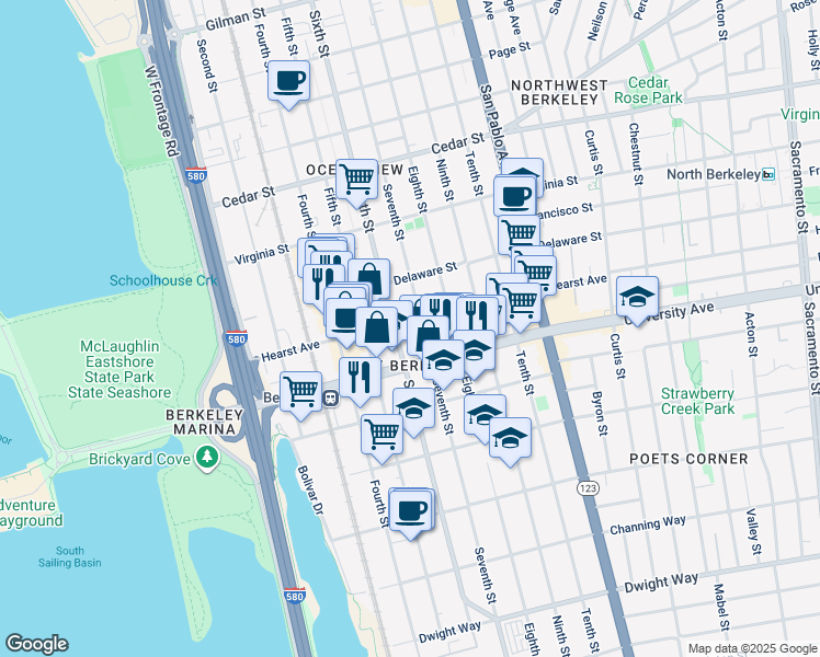 map of restaurants, bars, coffee shops, grocery stores, and more near 1903 Sixth Street in Berkeley