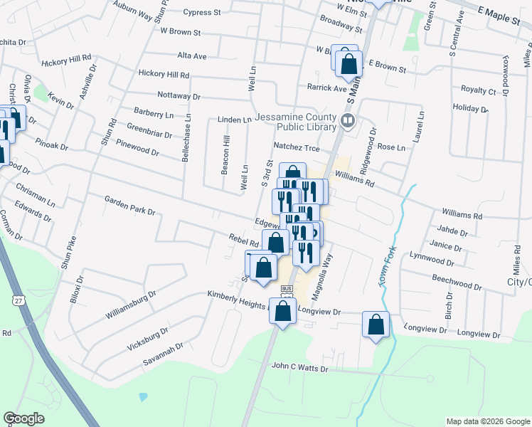 map of restaurants, bars, coffee shops, grocery stores, and more near 115 Southview Drive in Nicholasville