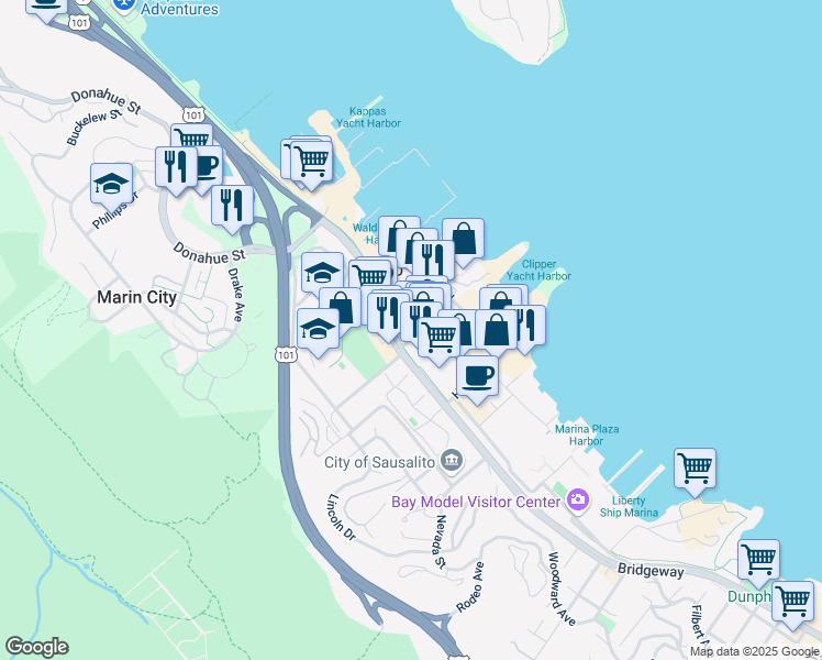map of restaurants, bars, coffee shops, grocery stores, and more near 2660 Bridgeway in Sausalito