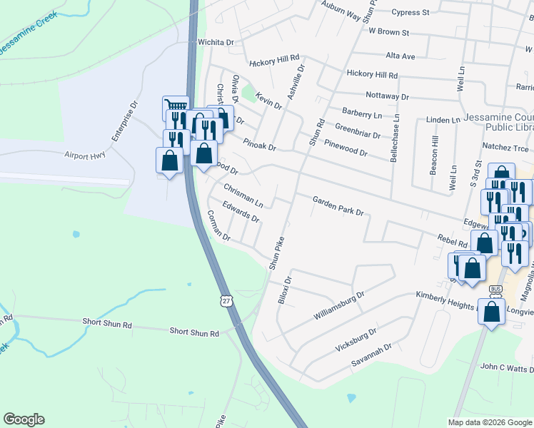 map of restaurants, bars, coffee shops, grocery stores, and more near 132 Lige Court in Nicholasville