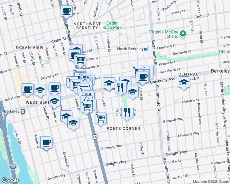 map of restaurants, bars, coffee shops, grocery stores, and more near 2020 Bonar Street in Berkeley
