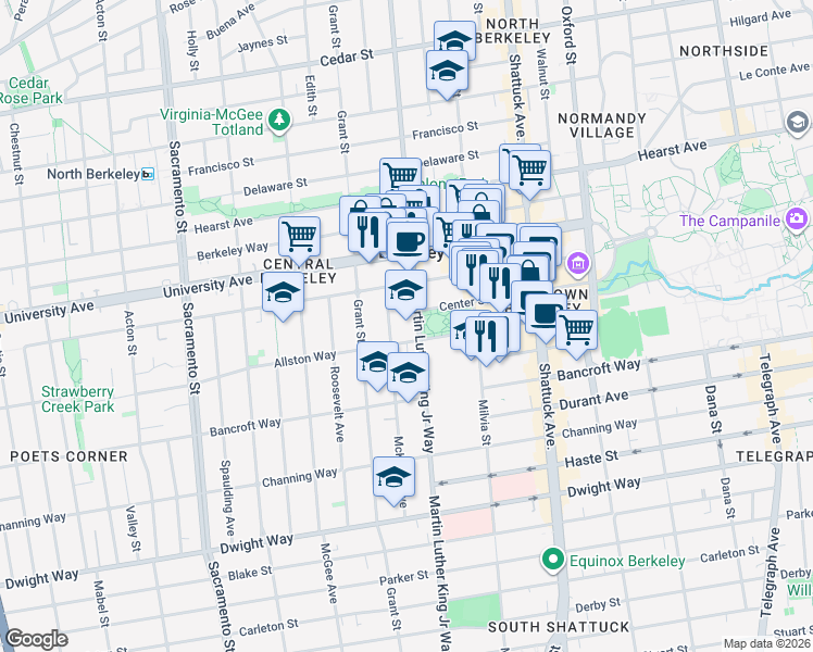 map of restaurants, bars, coffee shops, grocery stores, and more near 2134 Martin Luther King Junior Way in Berkeley