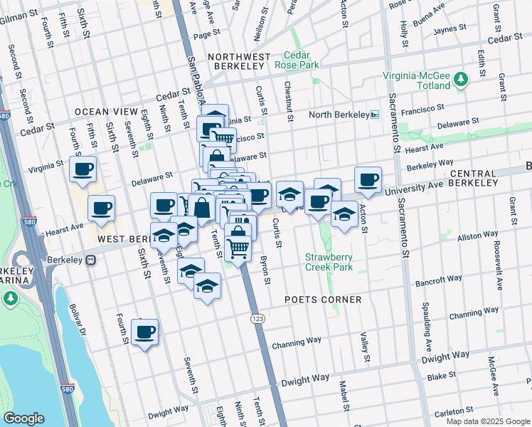 map of restaurants, bars, coffee shops, grocery stores, and more near 1180 University Avenue in Berkeley