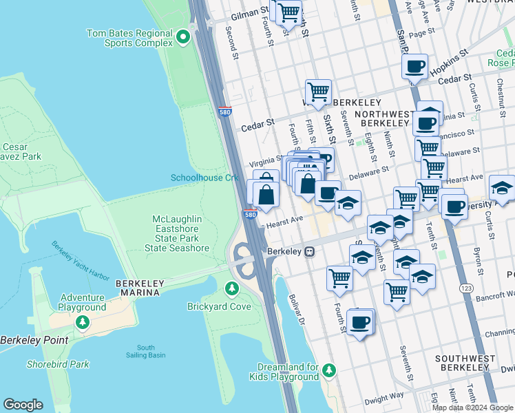 map of restaurants, bars, coffee shops, grocery stores, and more near 1805 Eastshore Highway in Berkeley