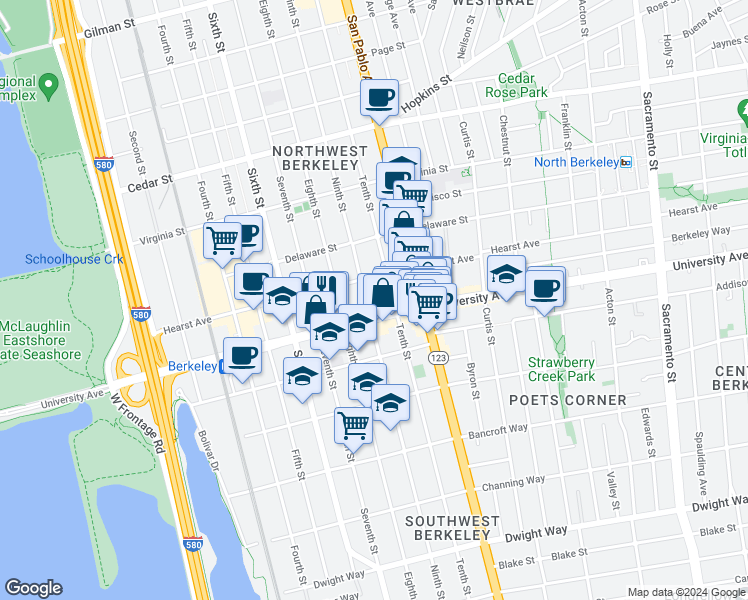 map of restaurants, bars, coffee shops, grocery stores, and more near 1923 9th Street in Berkeley