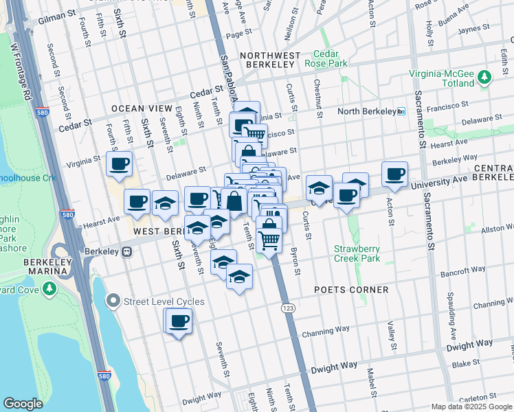 map of restaurants, bars, coffee shops, grocery stores, and more near 2001 California 123 in Berkeley