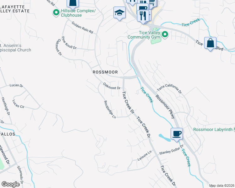 map of restaurants, bars, coffee shops, grocery stores, and more near 2125 Tice Creek Drive in Walnut Creek