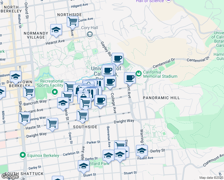 map of restaurants, bars, coffee shops, grocery stores, and more near 2700 Bancroft Way in Berkeley