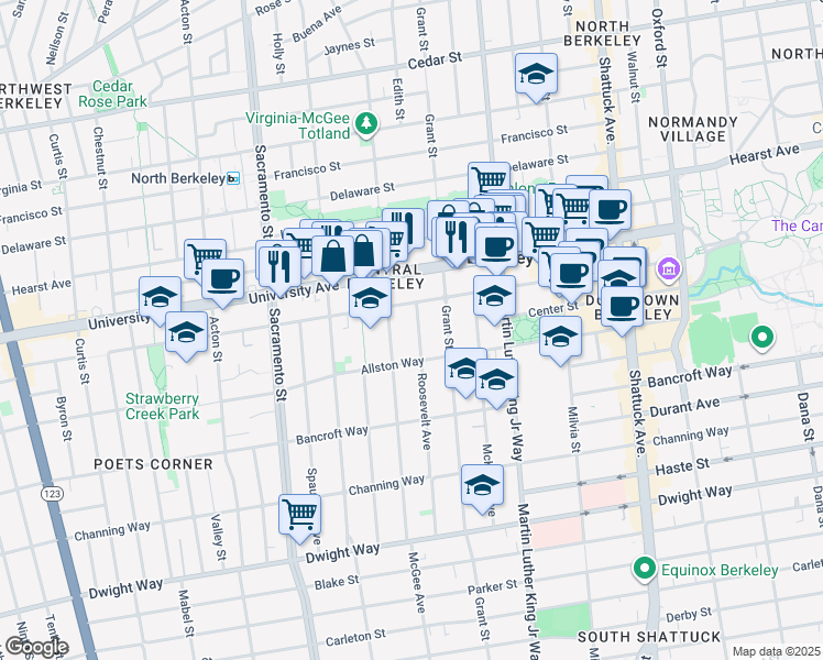 map of restaurants, bars, coffee shops, grocery stores, and more near 2127 McGee Avenue in Berkeley