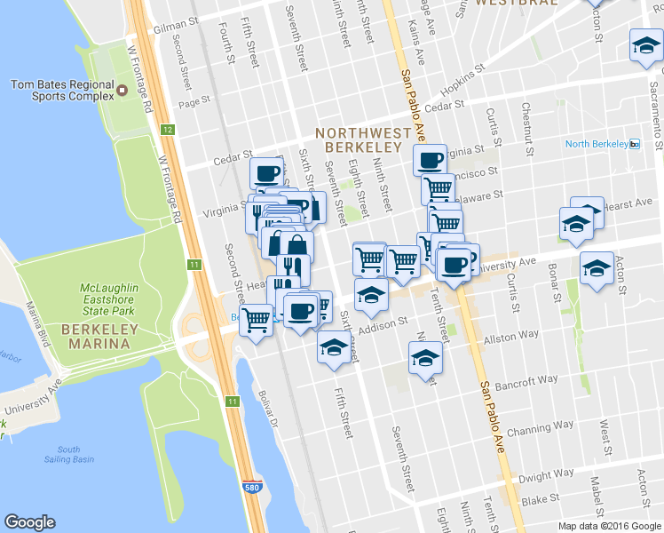 map of restaurants, bars, coffee shops, grocery stores, and more near 1903 Sixth Street in Berkeley
