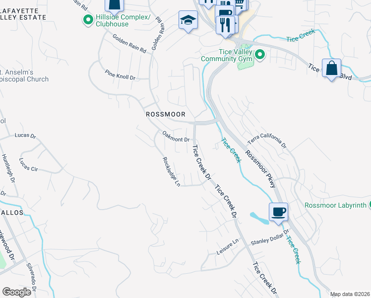 map of restaurants, bars, coffee shops, grocery stores, and more near 1131 Oakmont Drive in Walnut Creek