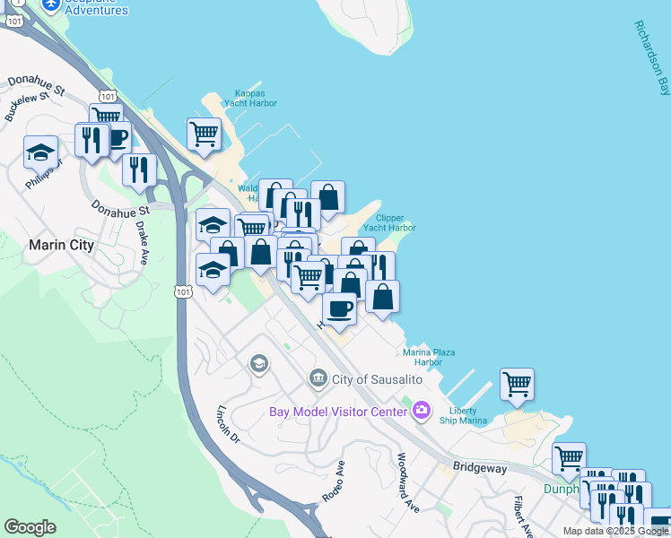 map of restaurants, bars, coffee shops, grocery stores, and more near 400 Gate 5 Road in Sausalito