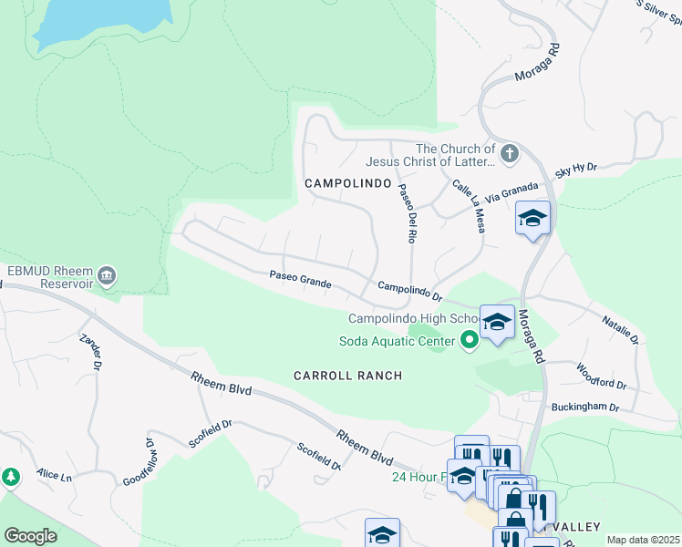 map of restaurants, bars, coffee shops, grocery stores, and more near 3863 Campolindo Drive in Moraga