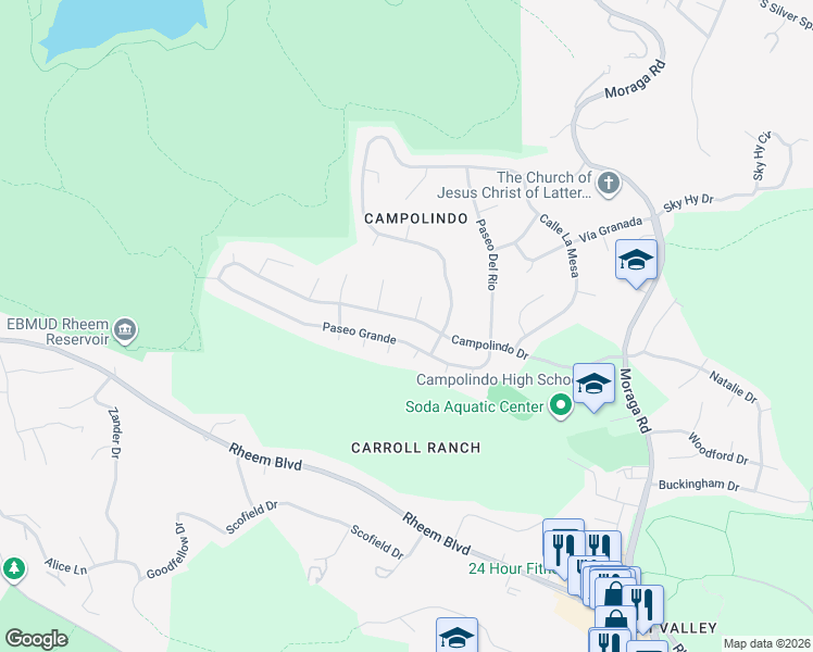map of restaurants, bars, coffee shops, grocery stores, and more near 3890 Paseo Grande in Moraga