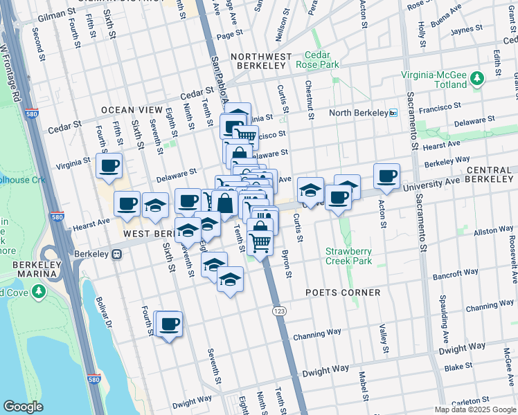 map of restaurants, bars, coffee shops, grocery stores, and more near 2001 California 123 in Berkeley
