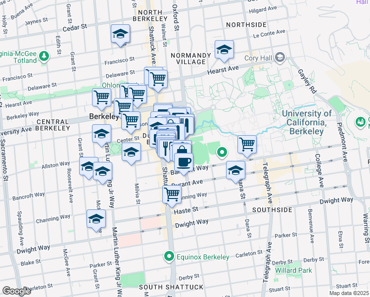 map of restaurants, bars, coffee shops, grocery stores, and more near 2200 Oxford Street in Berkeley
