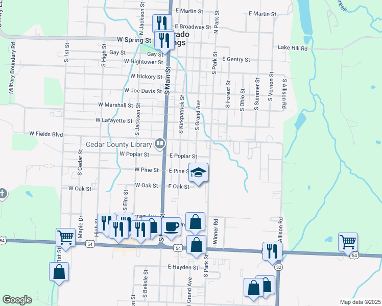 map of restaurants, bars, coffee shops, grocery stores, and more near 206 East Poplar Street in El Dorado Springs