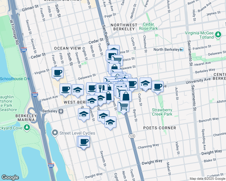 map of restaurants, bars, coffee shops, grocery stores, and more near 1925 10th Street in Berkeley