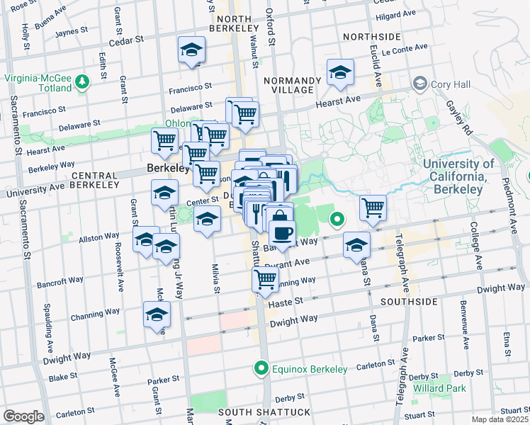 map of restaurants, bars, coffee shops, grocery stores, and more near 2116 Allston Way in Berkeley