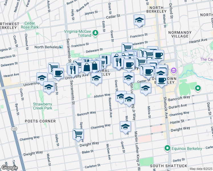 map of restaurants, bars, coffee shops, grocery stores, and more near 2127 McGee Avenue in Berkeley