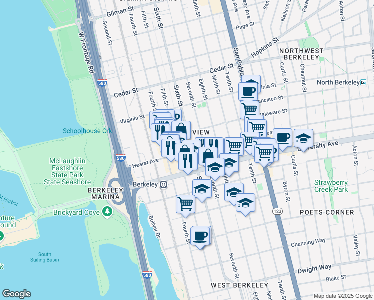map of restaurants, bars, coffee shops, grocery stores, and more near 1903 Sixth Street in Berkeley