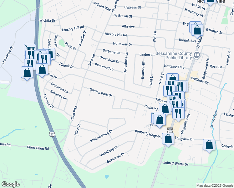 map of restaurants, bars, coffee shops, grocery stores, and more near 318 Garden Park Drive in Nicholasville
