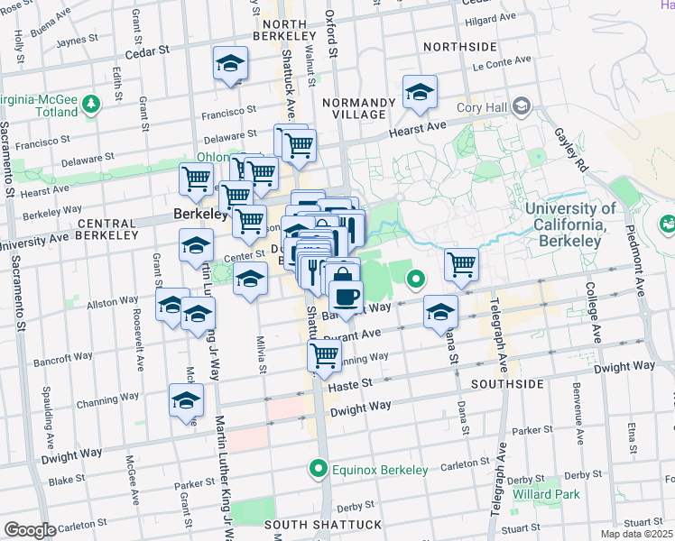 map of restaurants, bars, coffee shops, grocery stores, and more near 2240 Oxford Street in Berkeley