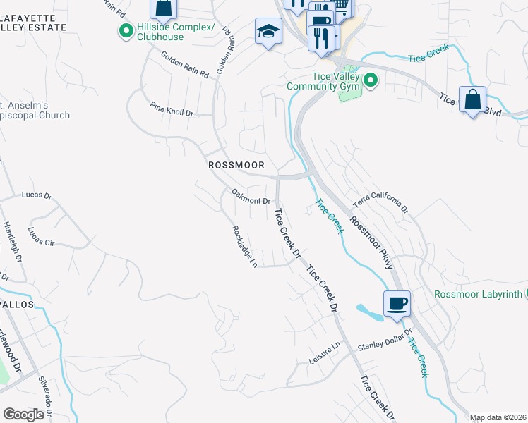 map of restaurants, bars, coffee shops, grocery stores, and more near 1131 Oakmont Drive in Walnut Creek
