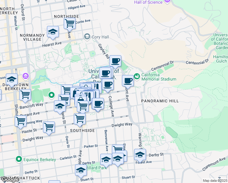 map of restaurants, bars, coffee shops, grocery stores, and more near 2763-2719 Bancroft Way in Berkeley