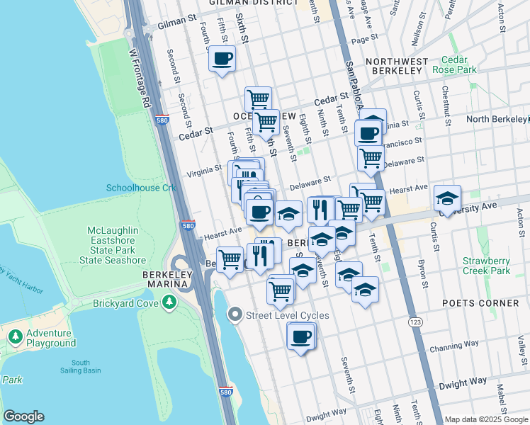 map of restaurants, bars, coffee shops, grocery stores, and more near 1818 Fifth Street in Berkeley