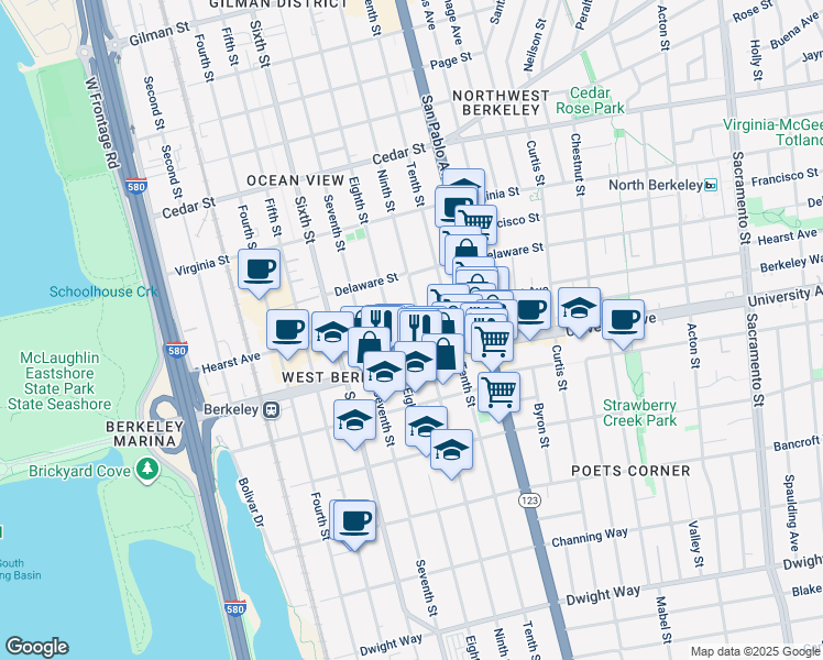 map of restaurants, bars, coffee shops, grocery stores, and more near 1910 Ninth Street in Berkeley