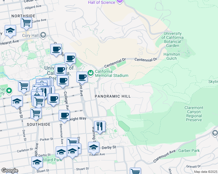 map of restaurants, bars, coffee shops, grocery stores, and more near 109 Panoramic Way in Berkeley