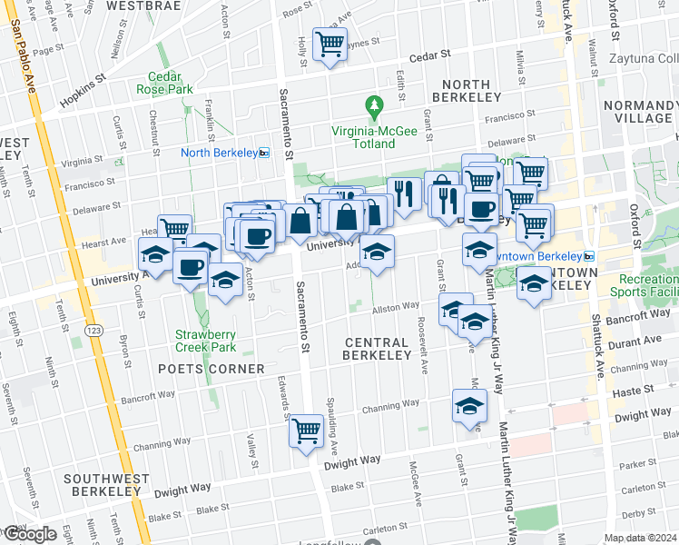 map of restaurants, bars, coffee shops, grocery stores, and more near 2118 California Street in Berkeley