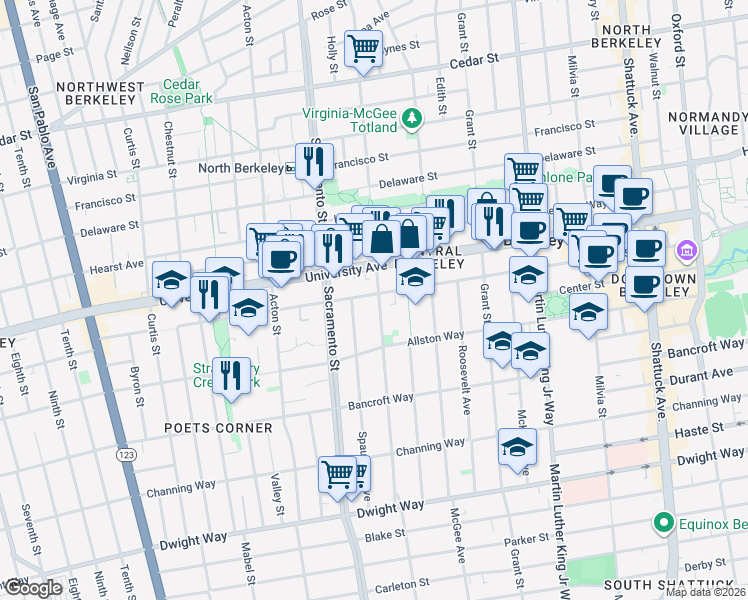 map of restaurants, bars, coffee shops, grocery stores, and more near 2118 California Street in Berkeley