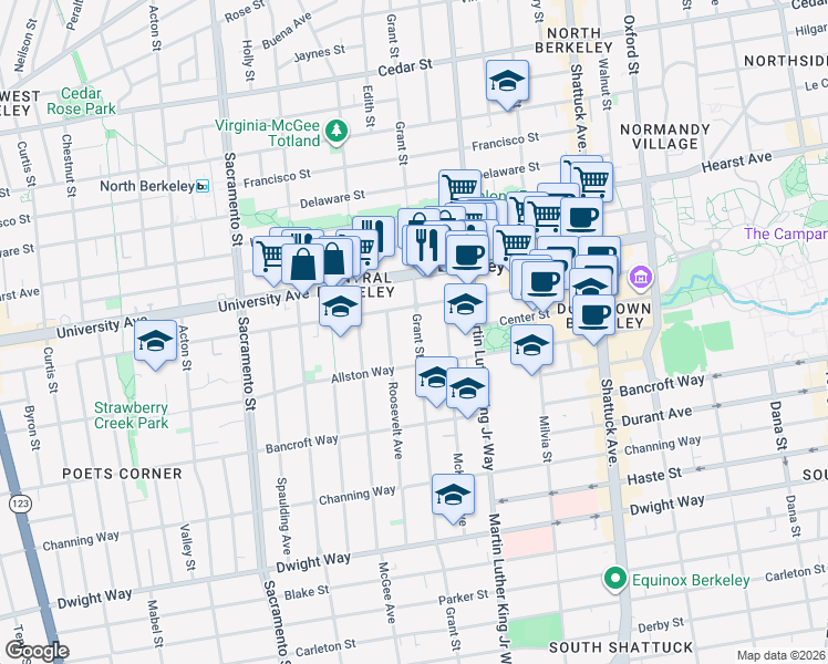 map of restaurants, bars, coffee shops, grocery stores, and more near 2132 Grant Street in Berkeley
