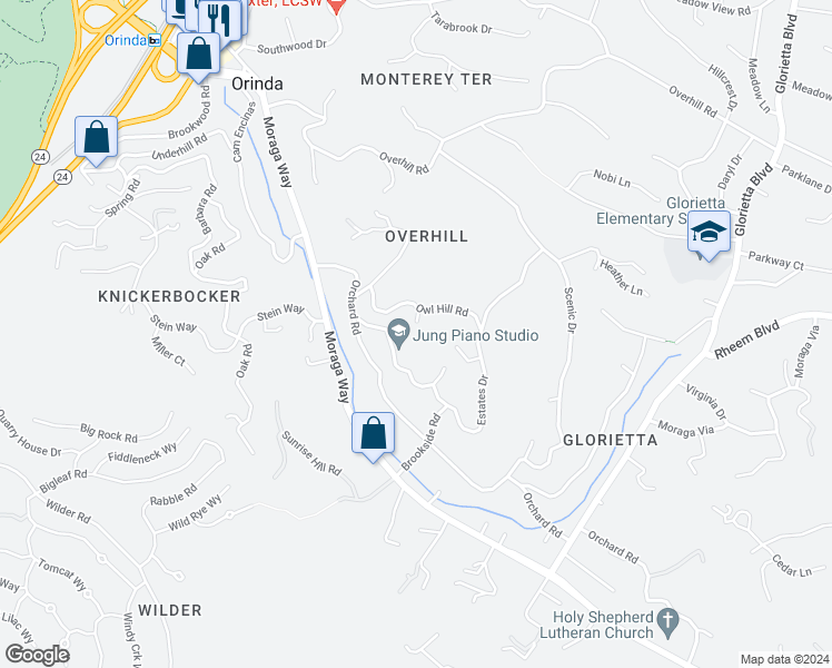 map of restaurants, bars, coffee shops, grocery stores, and more near 5 Owl Hill Court in Orinda