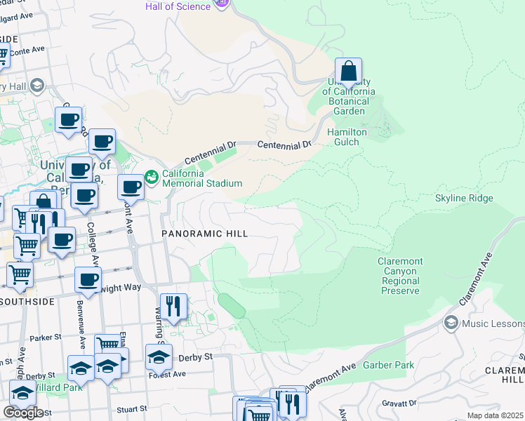 map of restaurants, bars, coffee shops, grocery stores, and more near 436 Panoramic Way in Berkeley