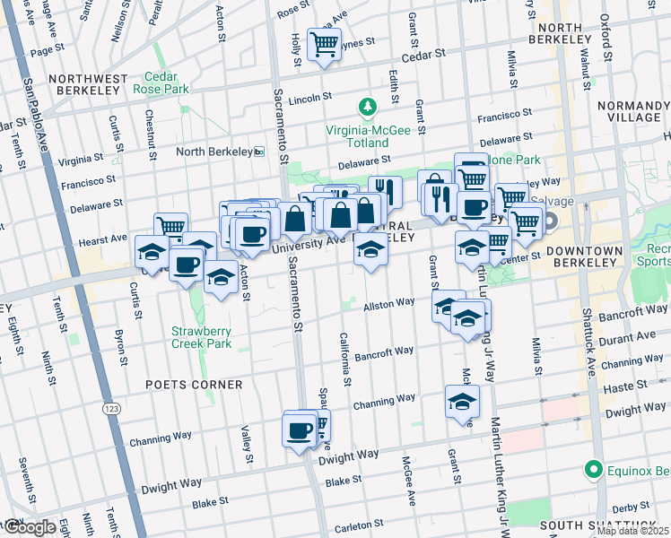 map of restaurants, bars, coffee shops, grocery stores, and more near 2102 California Street in Berkeley
