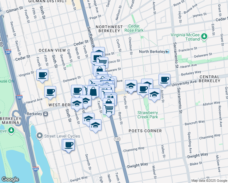 map of restaurants, bars, coffee shops, grocery stores, and more near 1125 University Avenue in Berkeley