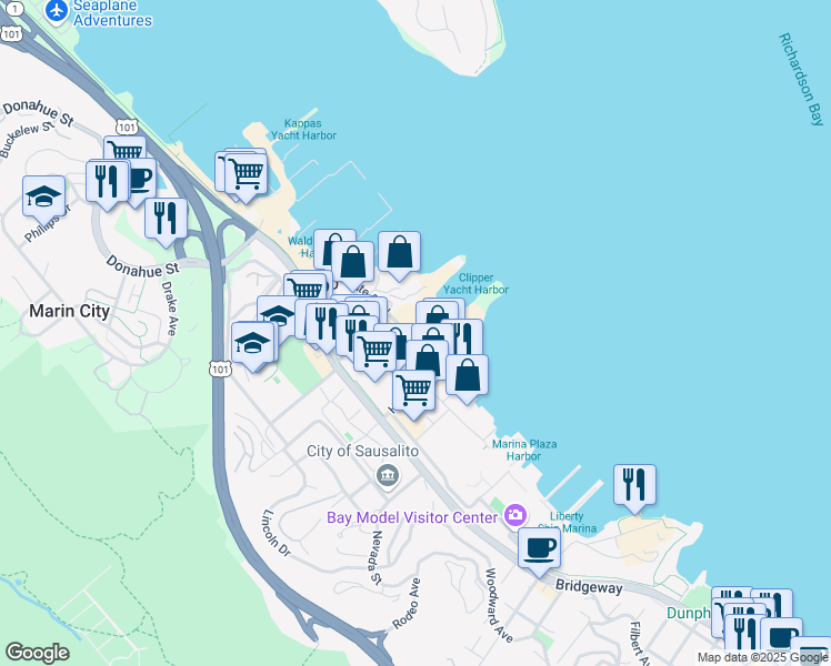 map of restaurants, bars, coffee shops, grocery stores, and more near 491 Gate 5 Road in Sausalito