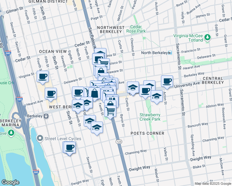 map of restaurants, bars, coffee shops, grocery stores, and more near 1125 University Avenue in Berkeley