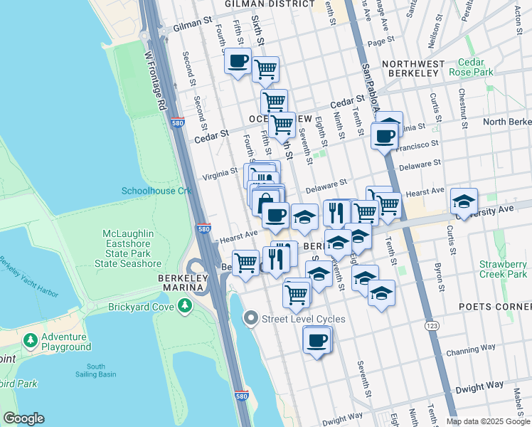 map of restaurants, bars, coffee shops, grocery stores, and more near Fourth Street in Berkeley