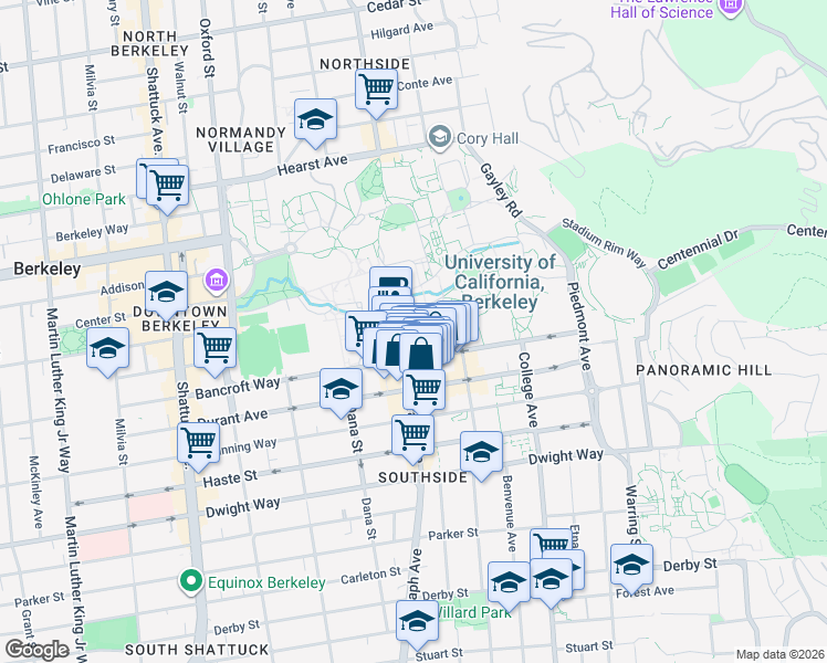 map of restaurants, bars, coffee shops, grocery stores, and more near 2501 Bancroft Way in Berkeley