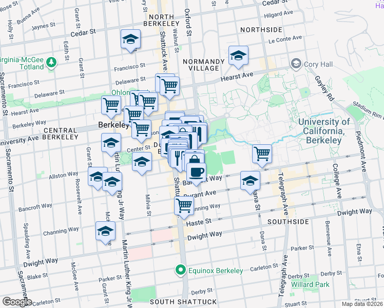 map of restaurants, bars, coffee shops, grocery stores, and more near 2240 Oxford Street in Berkeley