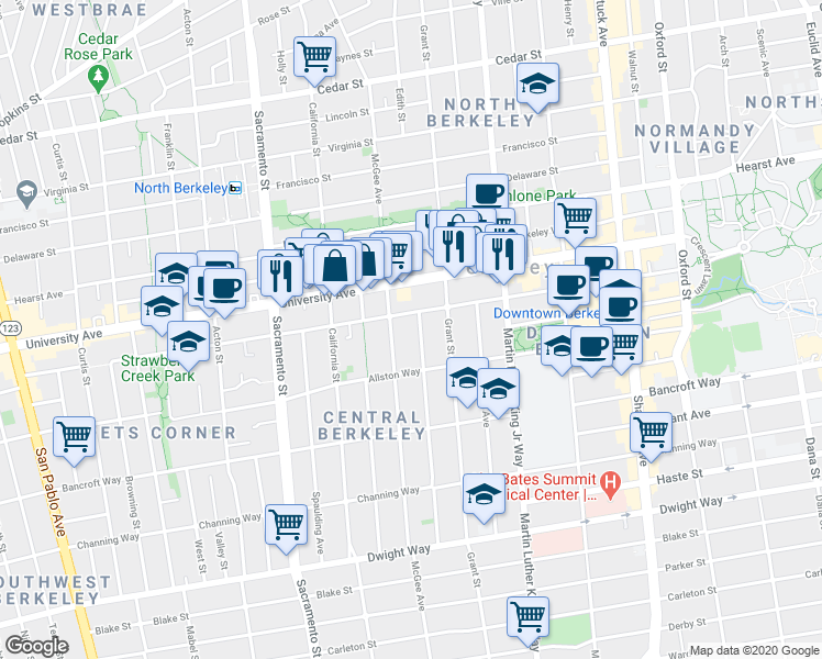 map of restaurants, bars, coffee shops, grocery stores, and more near 2127 McGee Avenue in Berkeley